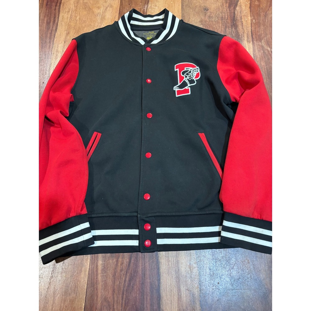 POLO RALPH LAUREN varsity jacket mens large black red p-wing letterman snap